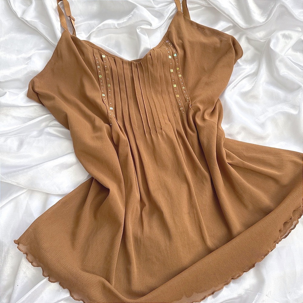 One Step Up Brown Mesh Sequin Pleated Cami Top Plus Size 2X Y2K Lettuce Hem